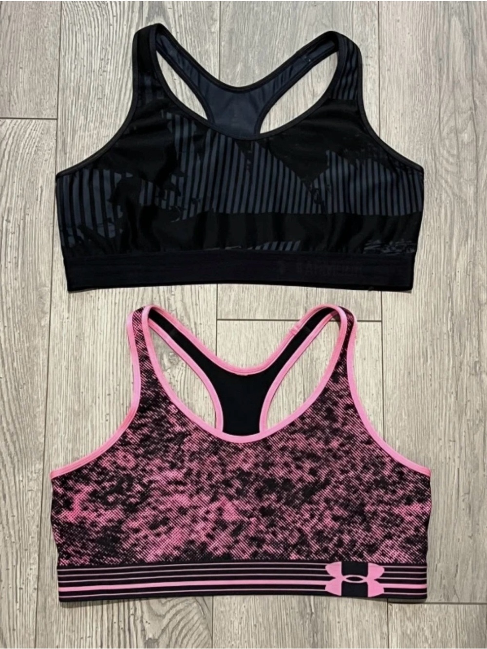 XL Womens UNDER ARMOUR Racerback Sports Bra Lot 2 Padless Compression Black Pink